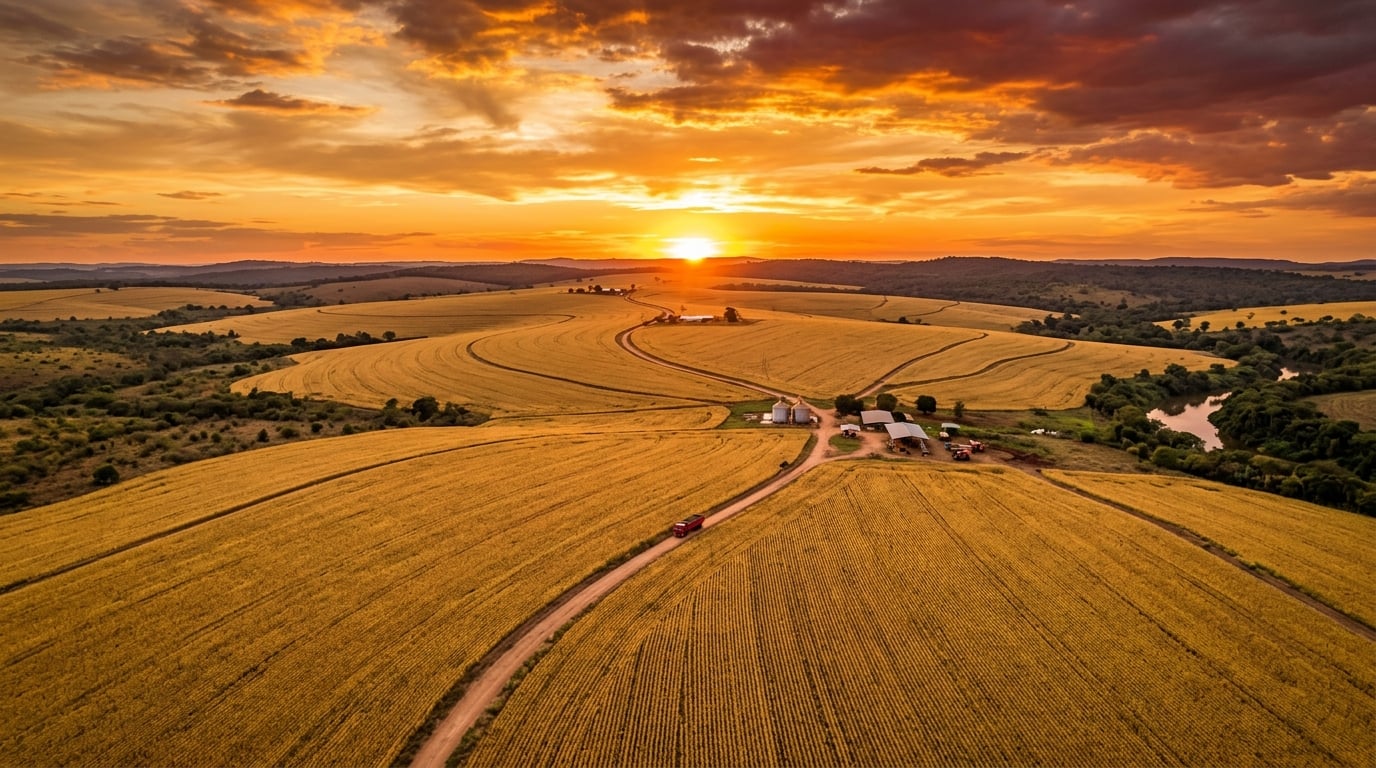 Campos de grãos ao pôr do sol